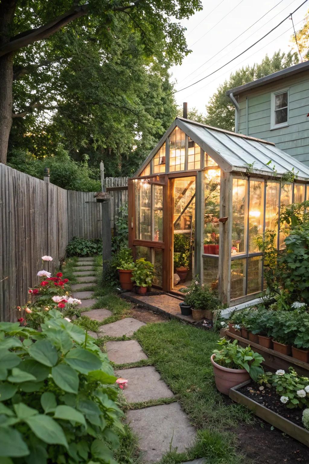 A small greenhouse offers a blend of practicality and charm.