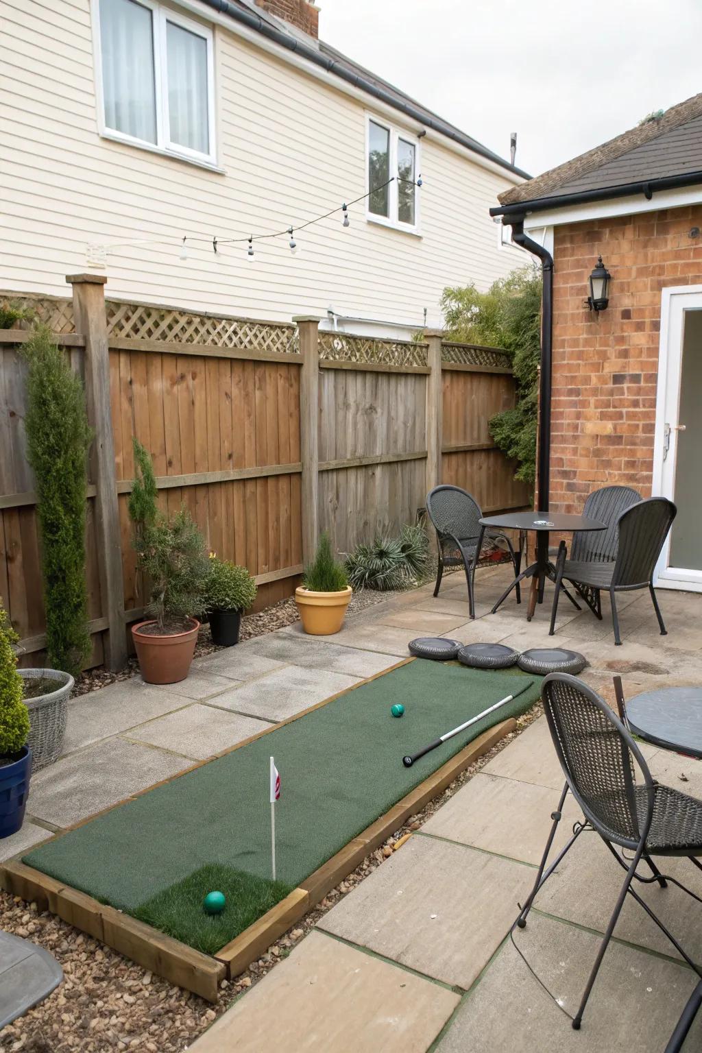A portable putting rug providing flexibility in a limited area.