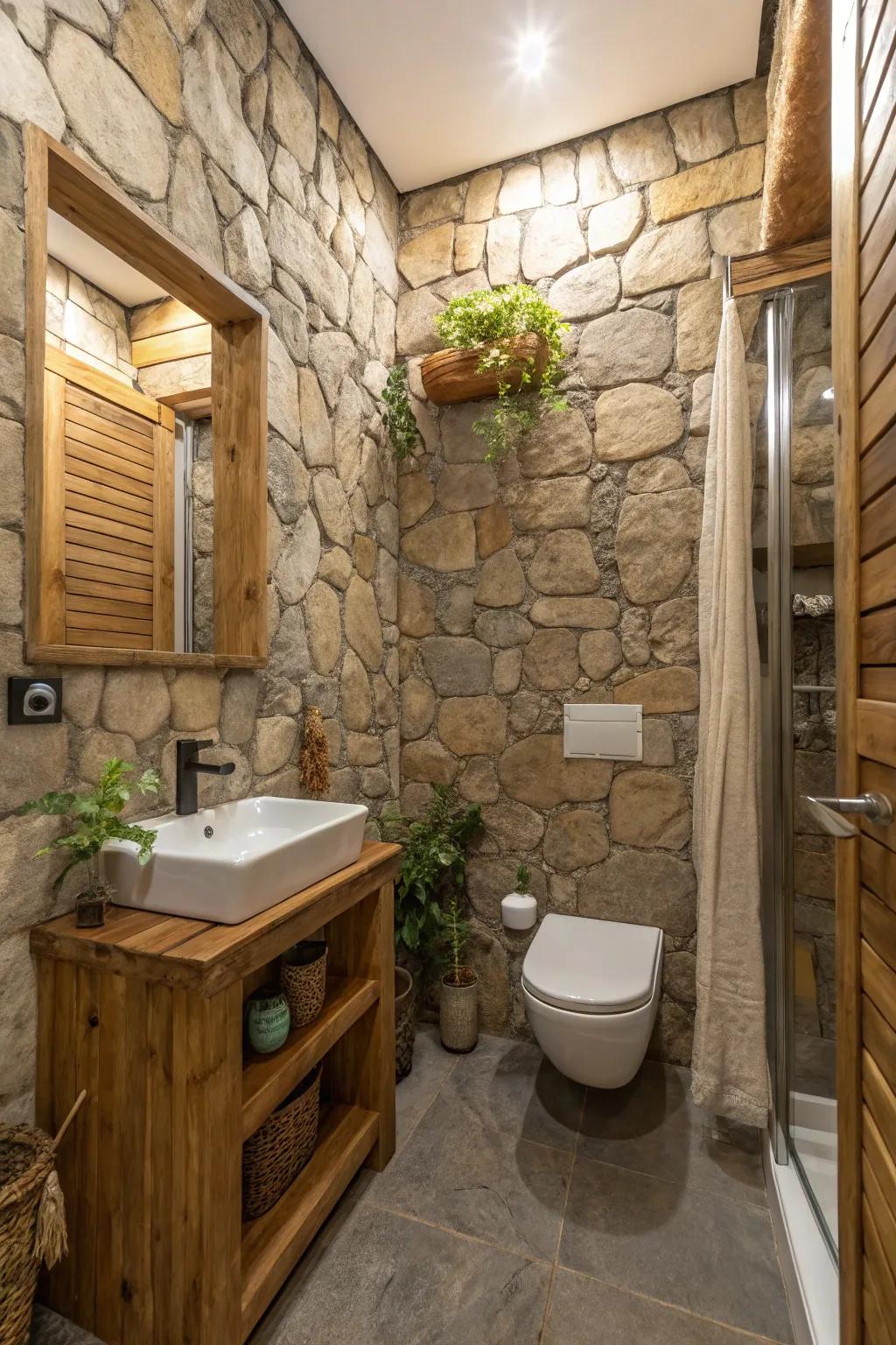 Stone-look surfaces exuding tranquility and luxury in a small bathroom.