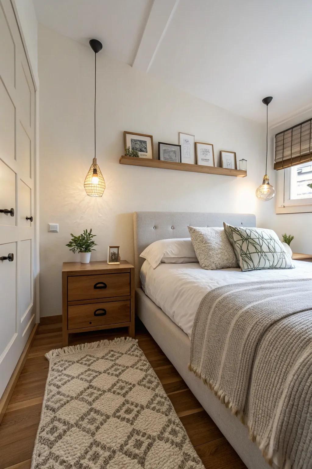 Elevated nightstands combine style and space-saving.