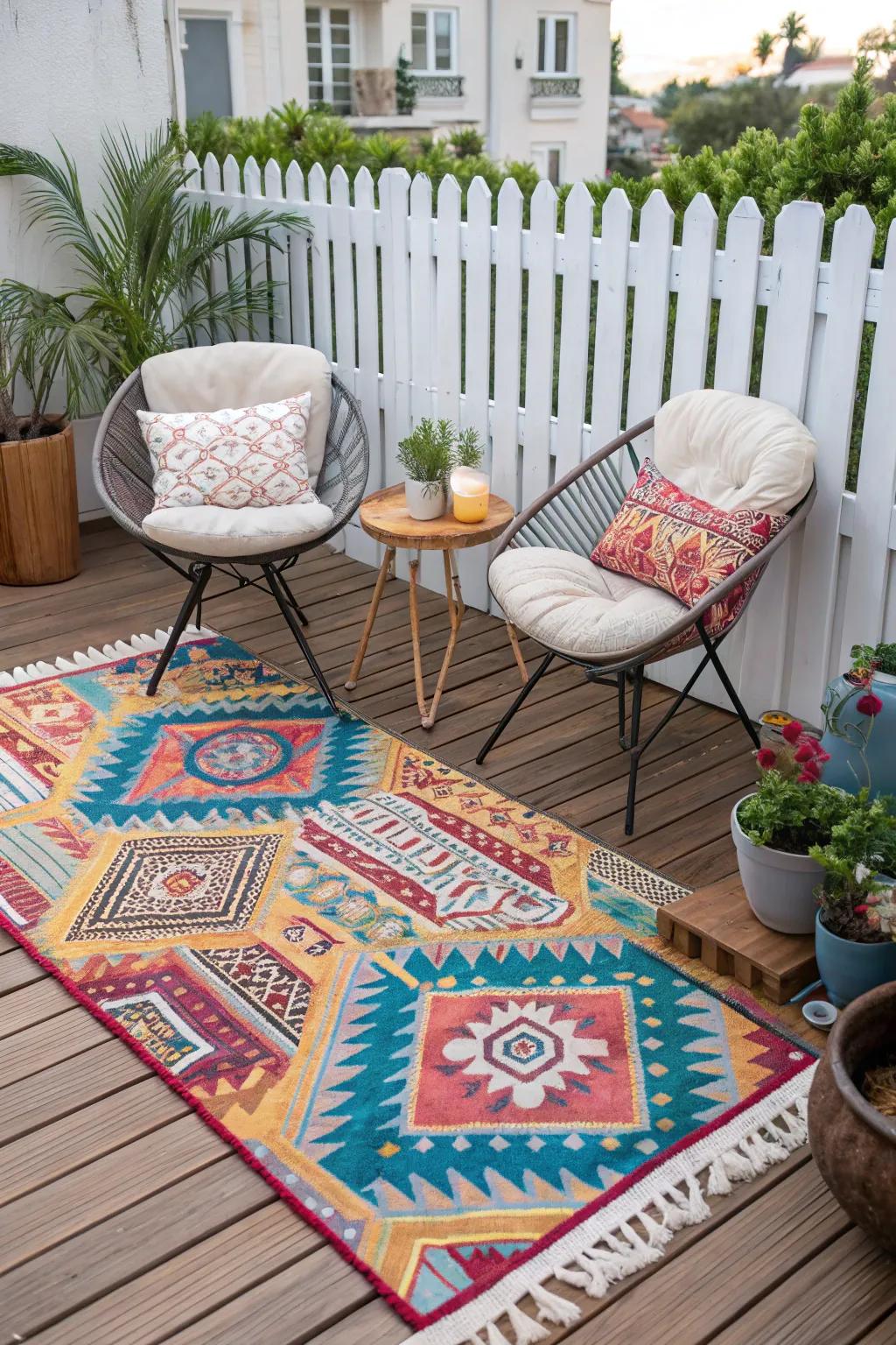 A vibrant outdoor rug delineates the area and adds energy.
