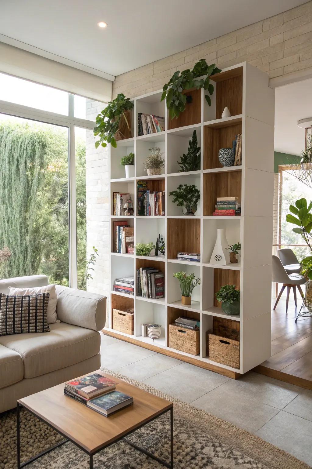 Adaptable cubes provide customizable storage selections.