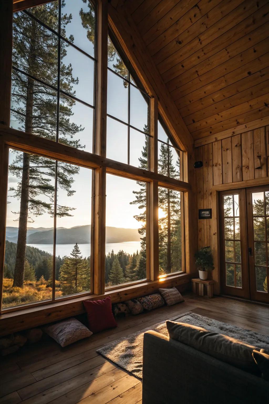 A cabin interior filled with natural light from large windows.