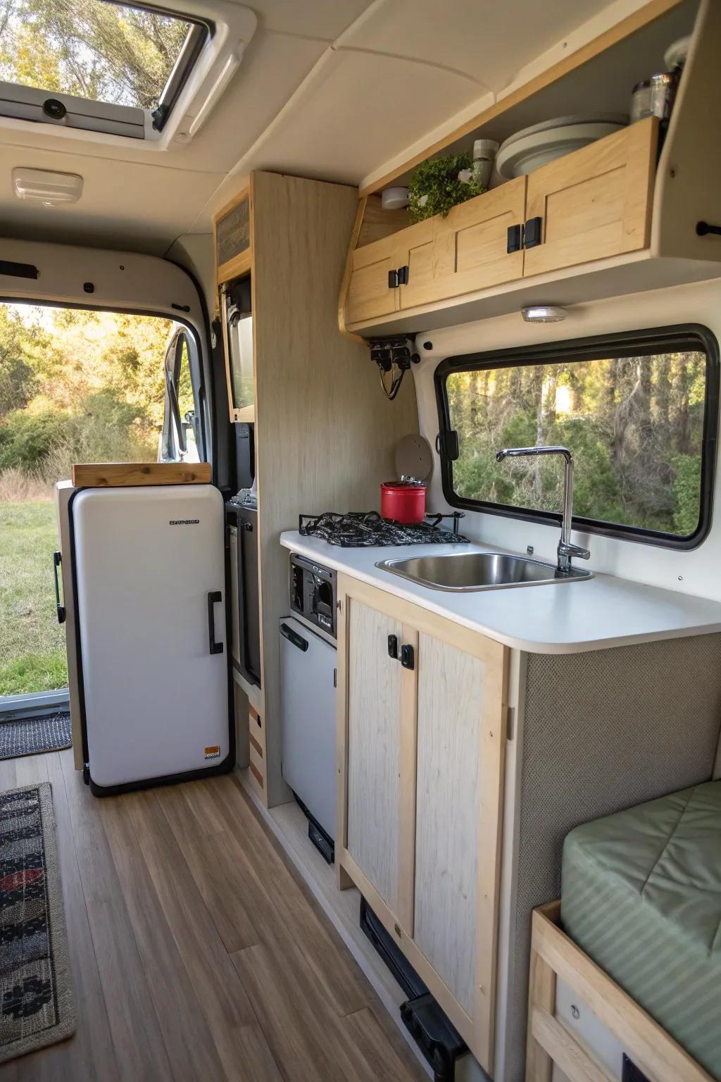 All necessities are neatly arranged in a camper's small kitchen.