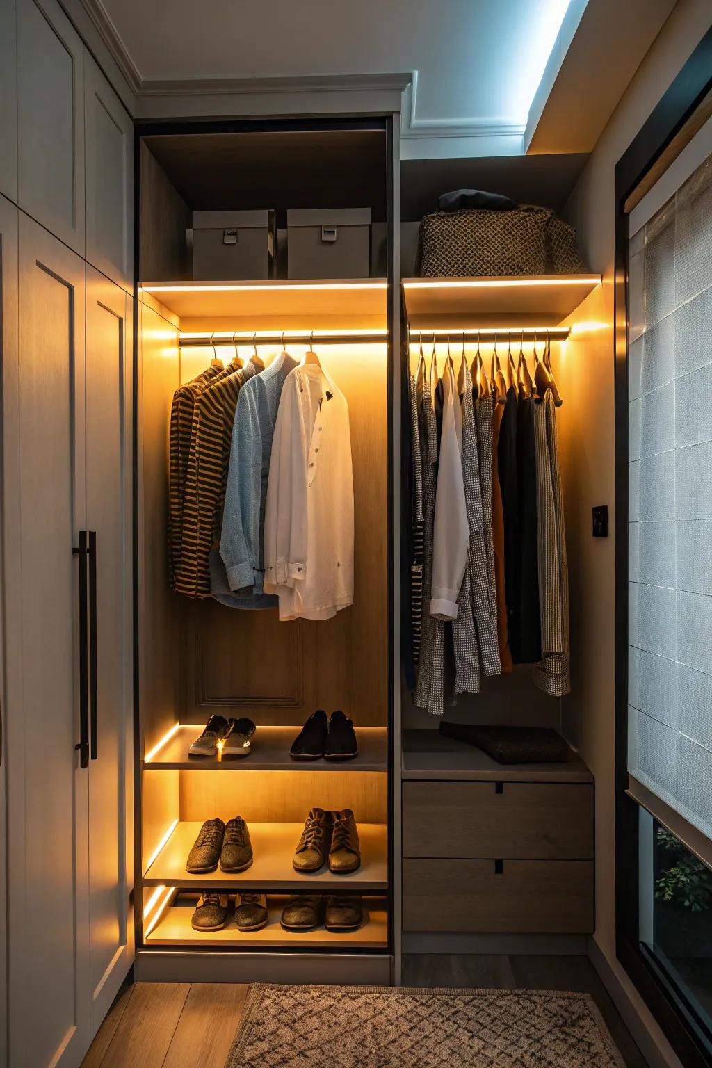 A combination of warm and cool lighting achieves a balanced atmosphere.