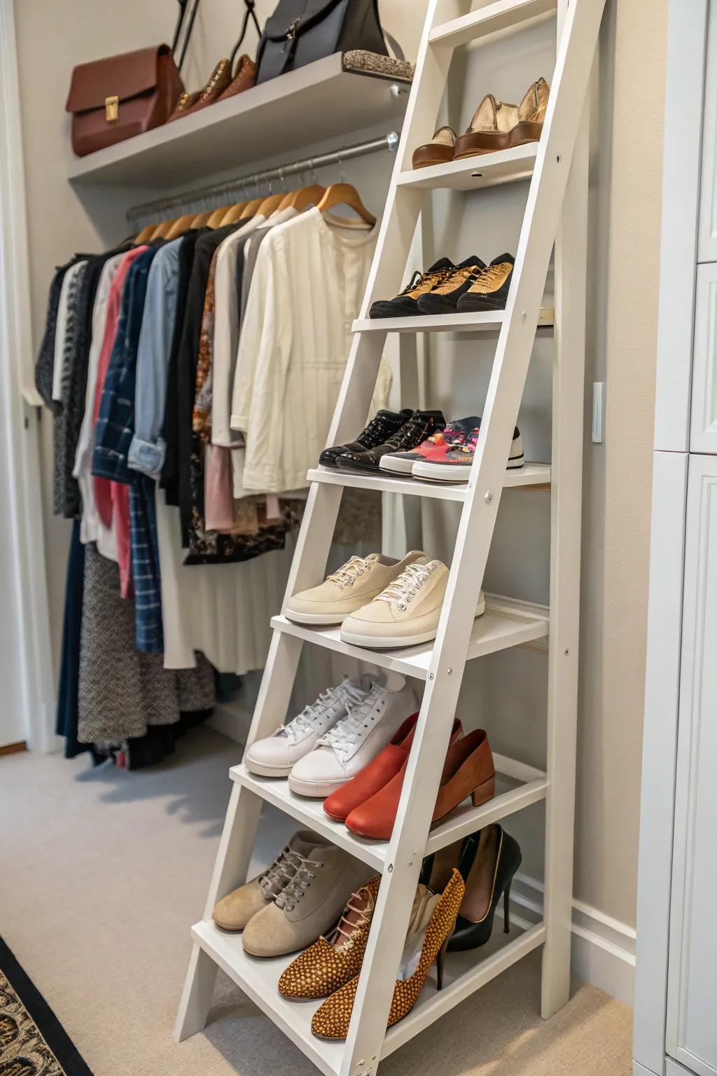 A shoe ladder elegantly organizes your footwear.