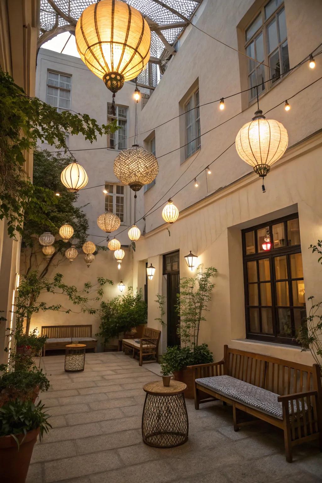 Hanging lanterns add whimsy and warmth to outdoor spaces.