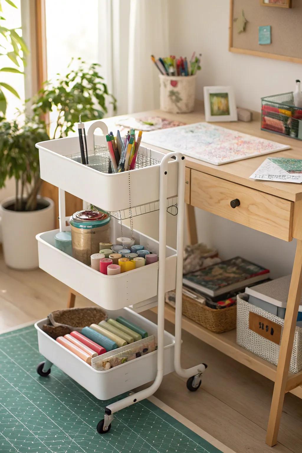 A rolling cart provides adjustable storage that can be relocated as needed.