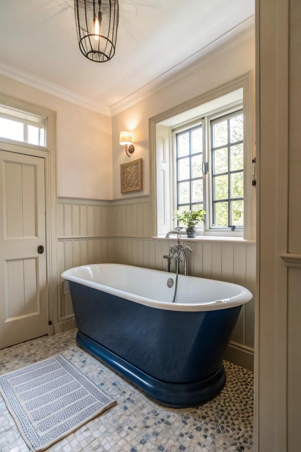 The deep blue bathing tub stands as an elegant focal point in this light-filled bathroom.
