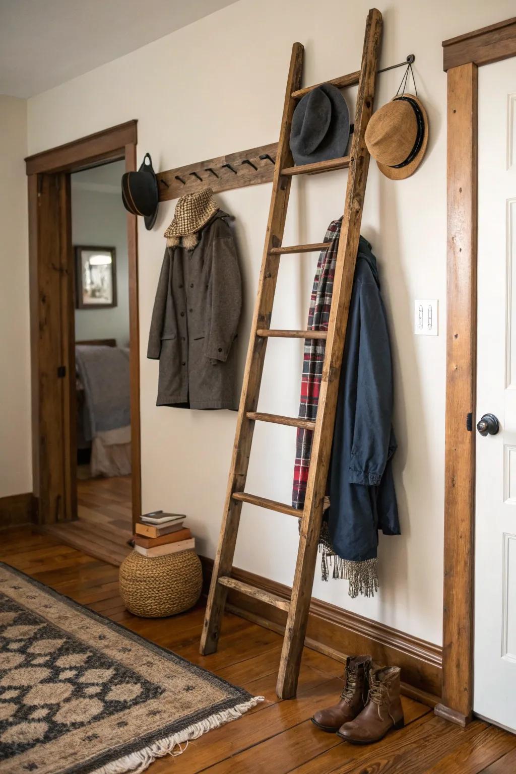 A rustic ladder brings charm and utility to small spaces.