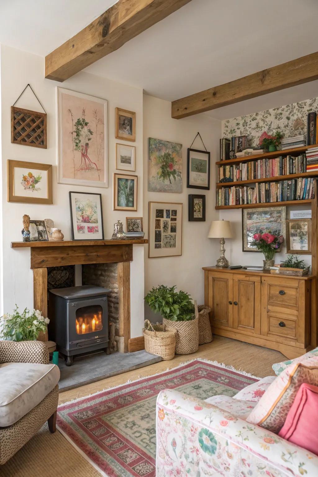 Personal embellishments like a gallery wall enhance this cottage living space's character.