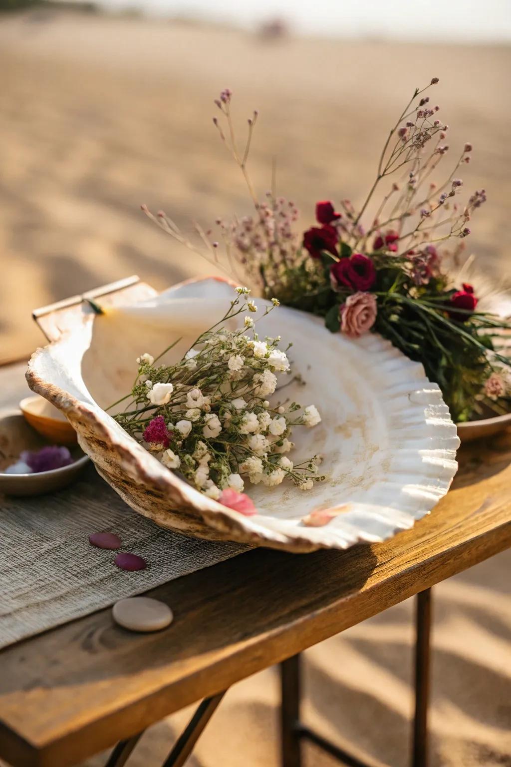 Ocean shells can produce an exceptional floral exhibit that has a seaside vibe.