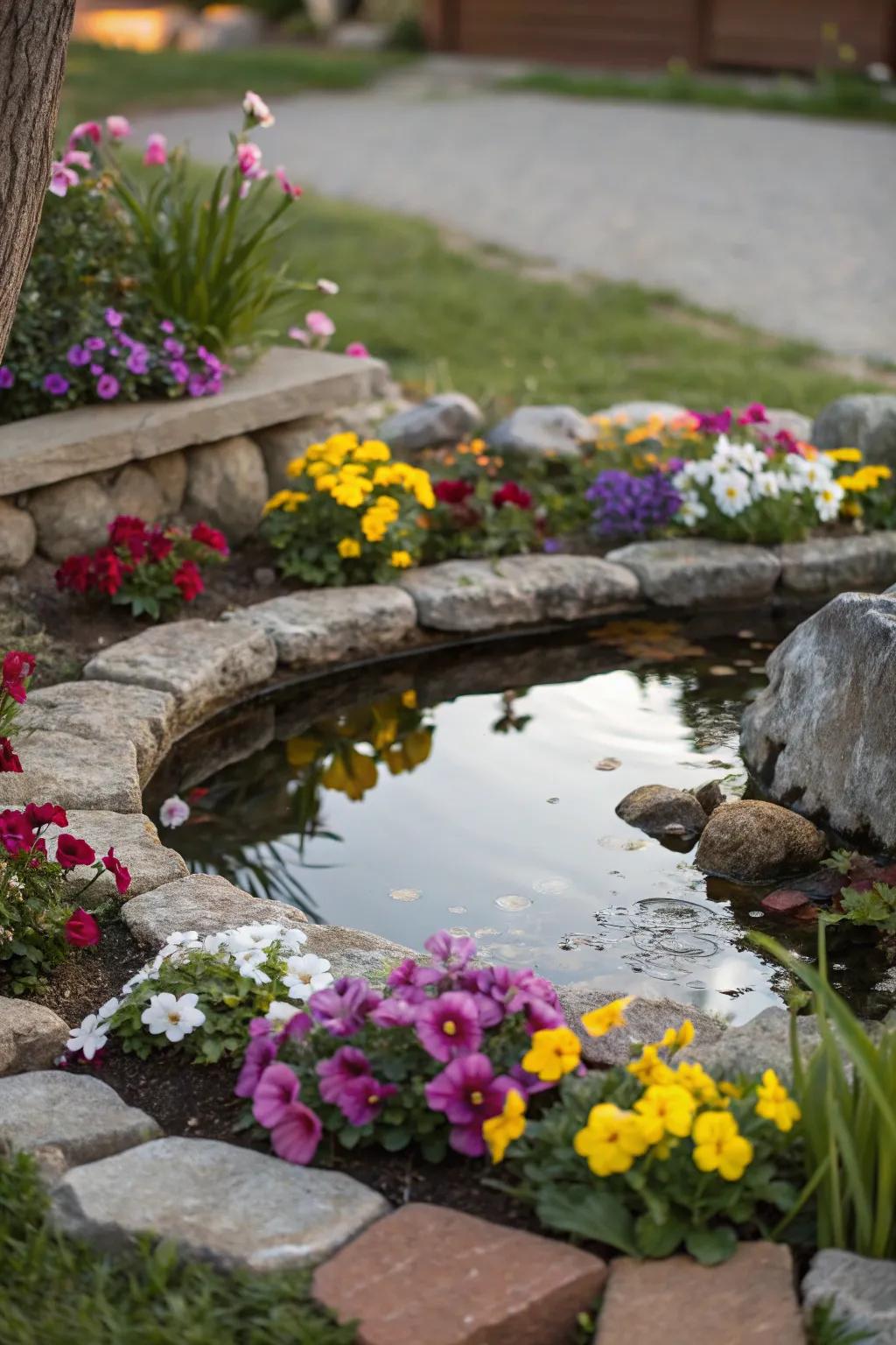 A peaceful small flower bed featuring a miniature pond.