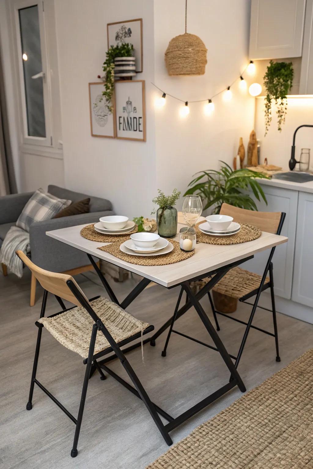 A small dining area with a pop-up table solution for flexible space use.