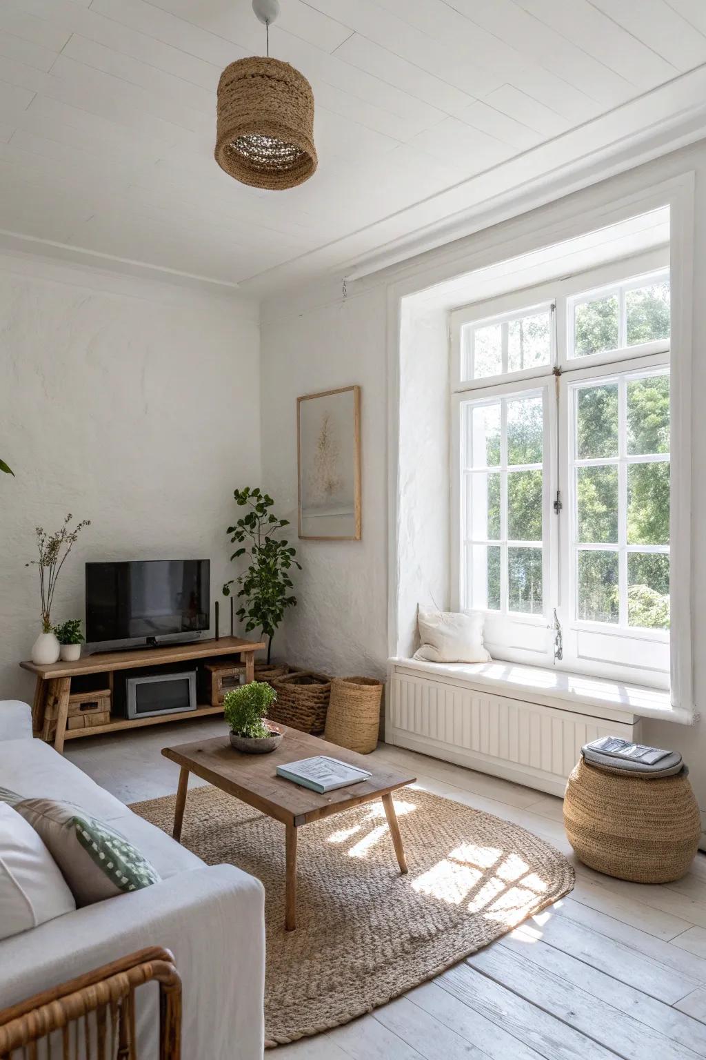 A compact living area with white walls improving the overall sense of space.