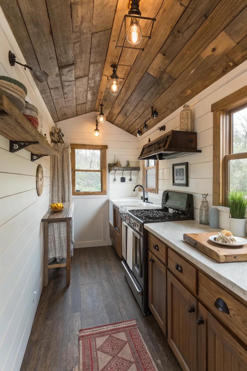 Salvaged timber features bring charm and eco-friendliness to compact cooking areas.