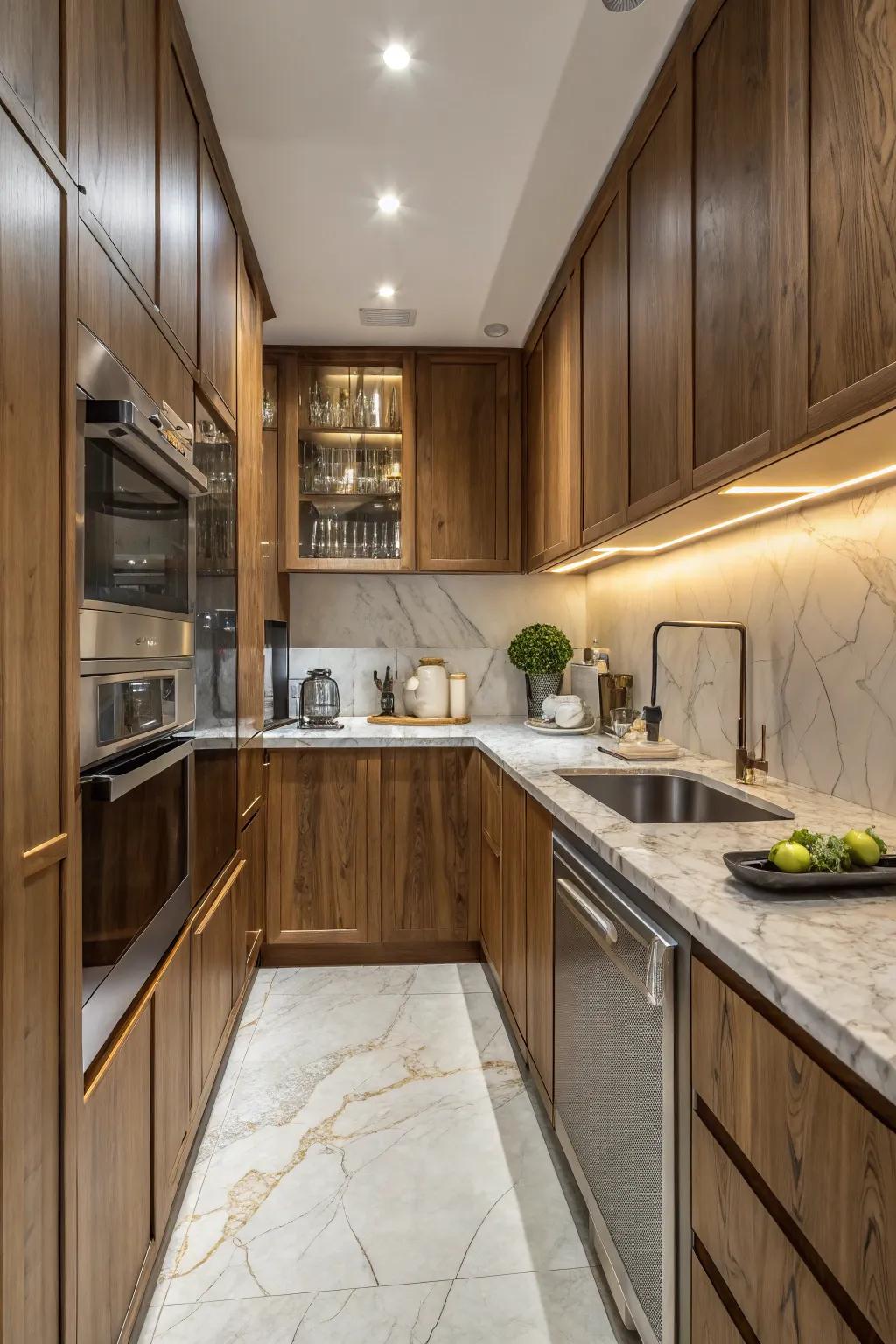 Contrasting feels add thickness to a small kitchen.