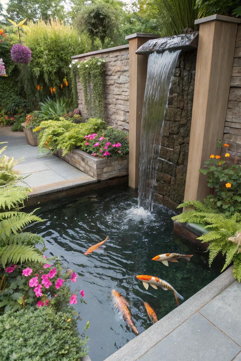 A captivating vertical water wall enhances this small koi pond.