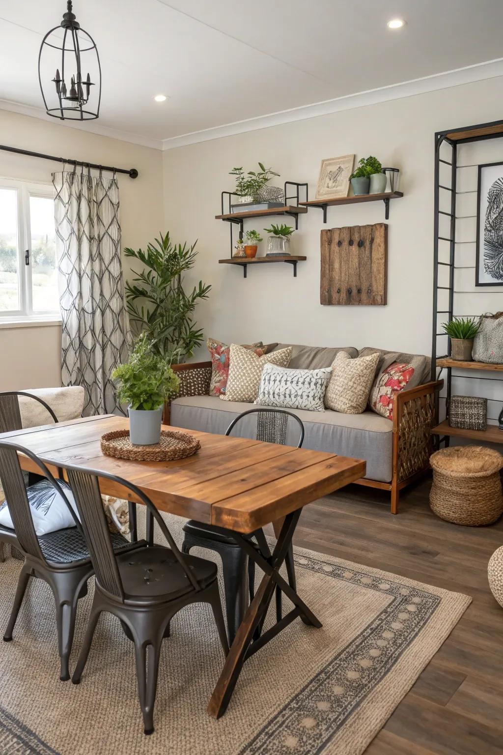 Textural elements introducing depth to a small combined space.