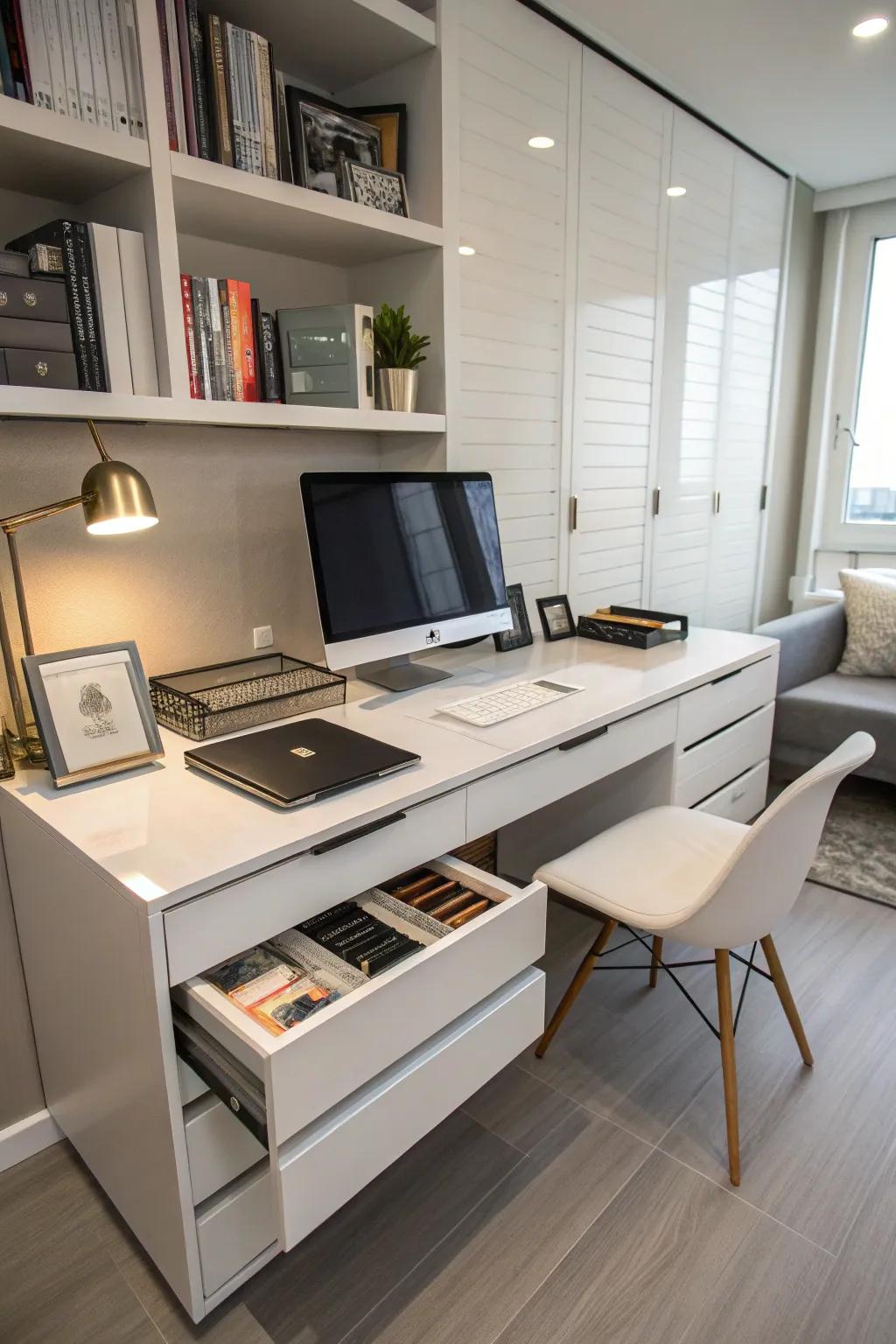 Concealed storage helps keep a clean and organized workspace.