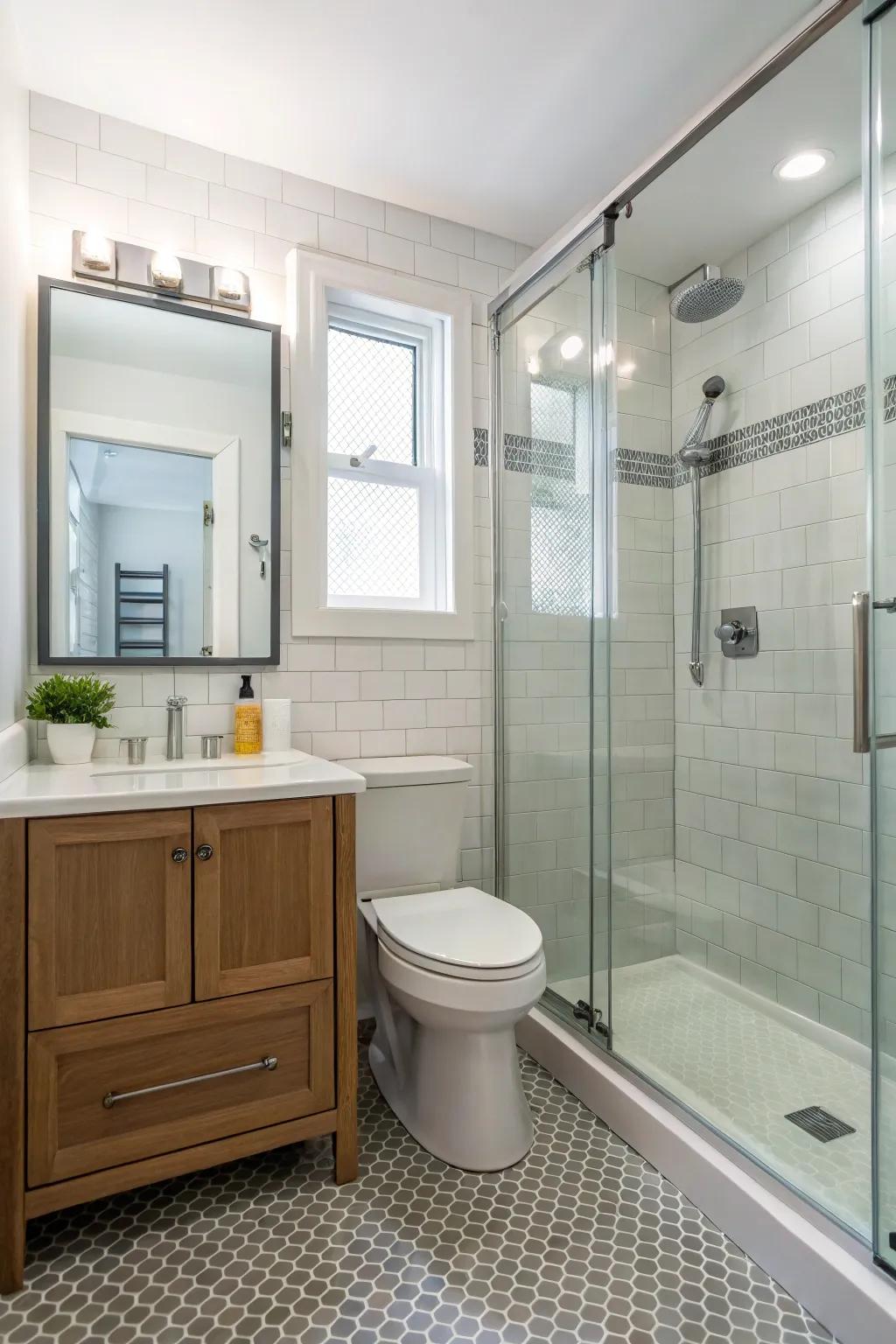Frameless glass doors create a smooth and open shower area.