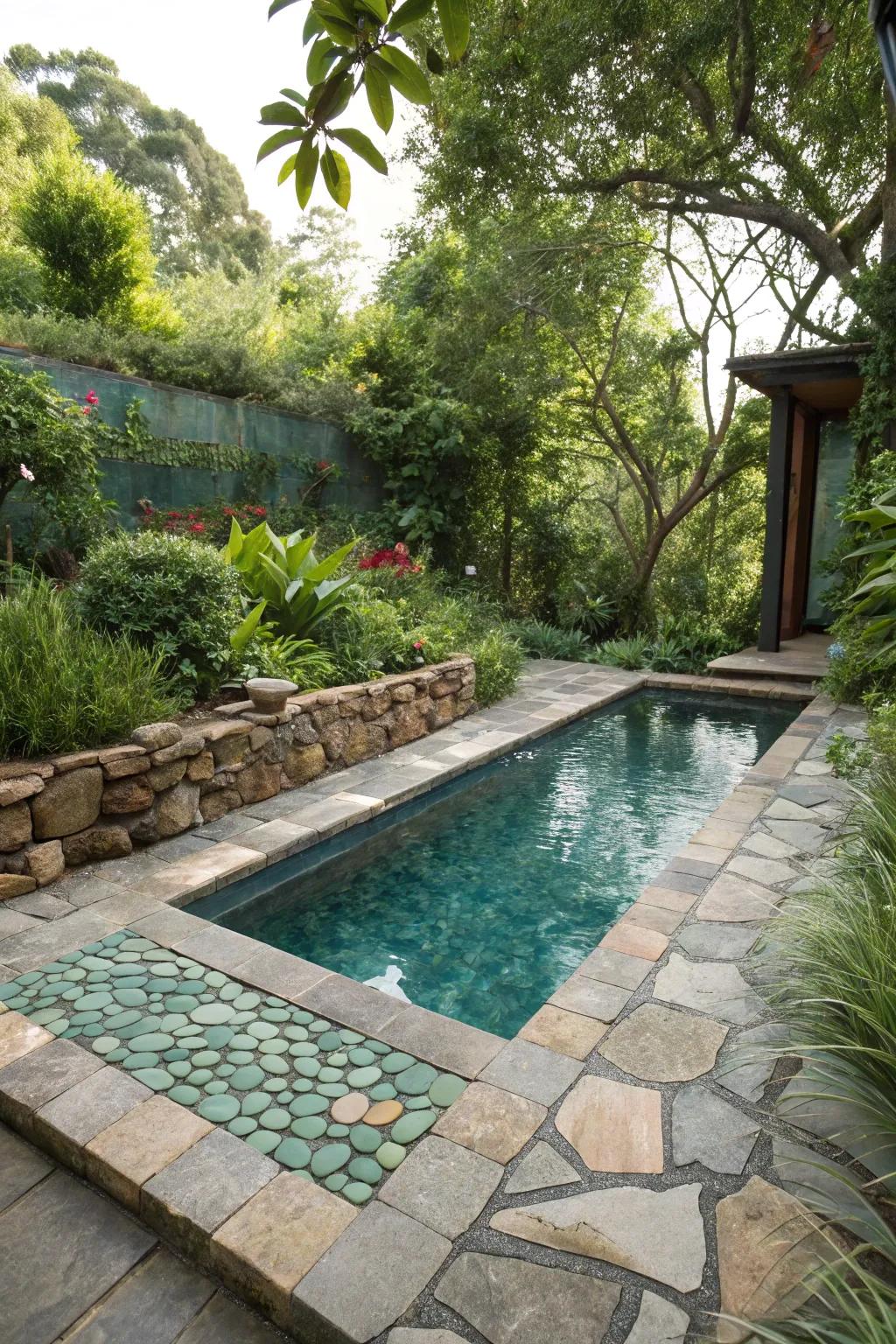 Eco-conscious materials adding shine to a modern pool.