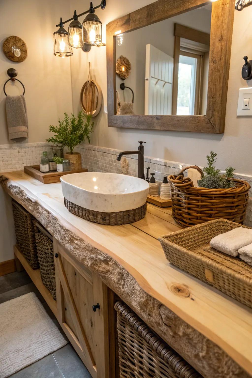 Natural edge worktops bring nature inside a rustic bathroom.