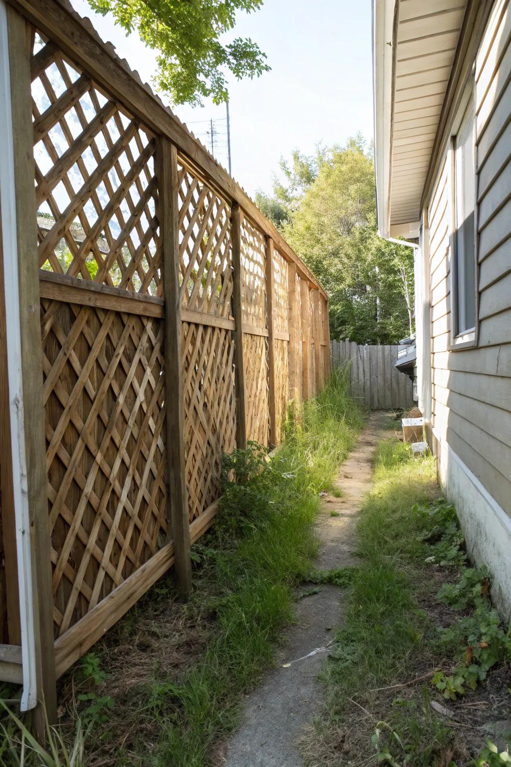 Hidden storage areas keep narrow side yards tidy and organized.