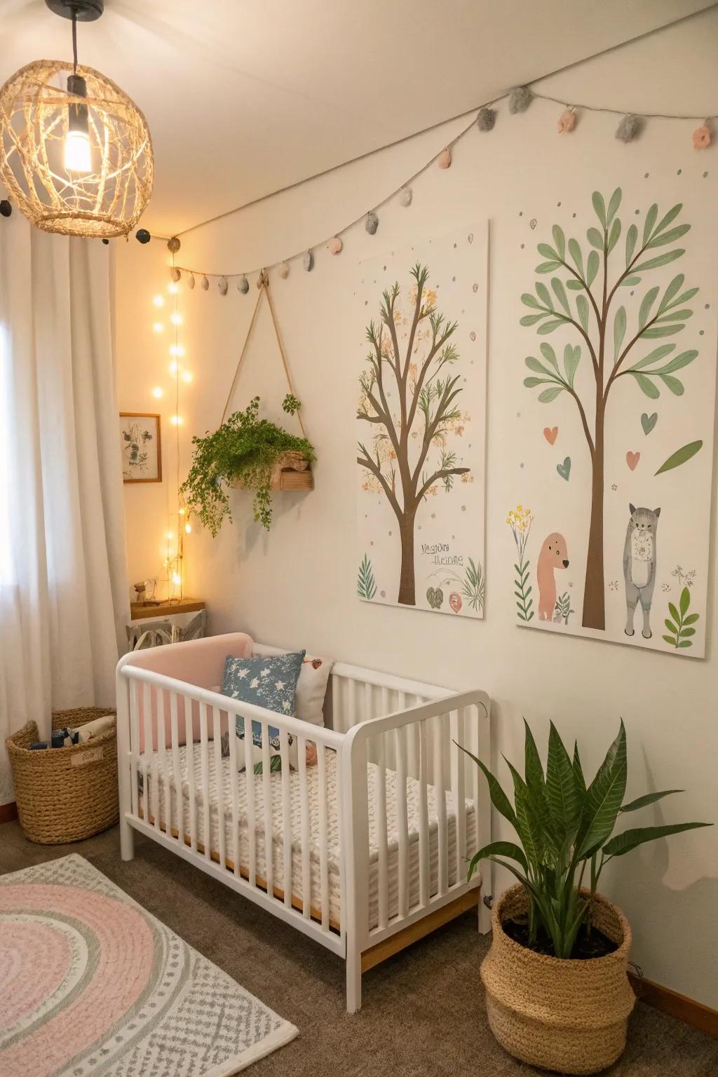 Nature-themed decor incorporates peacefulness to the nursery.