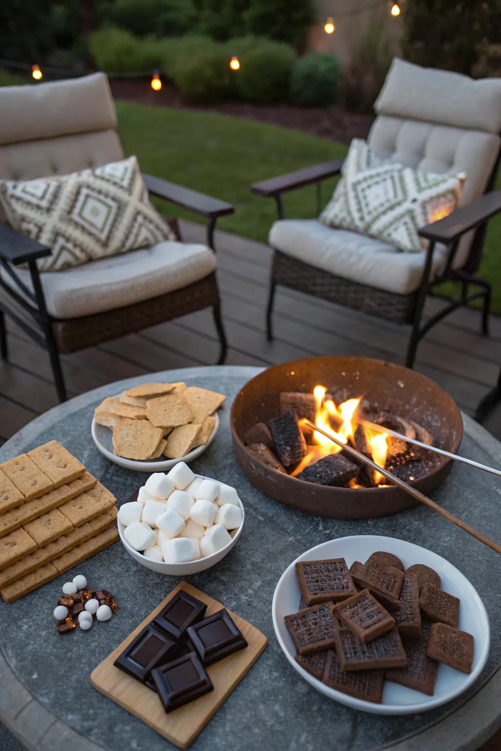 A cozy outdoor setting with a fire pit and s'mores ingredients.