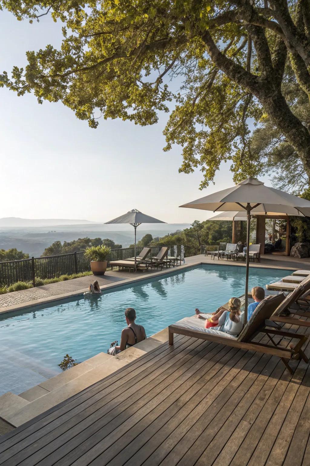 A pool harmoniously integrated with a wooden deck for a cohesive outdoor space.