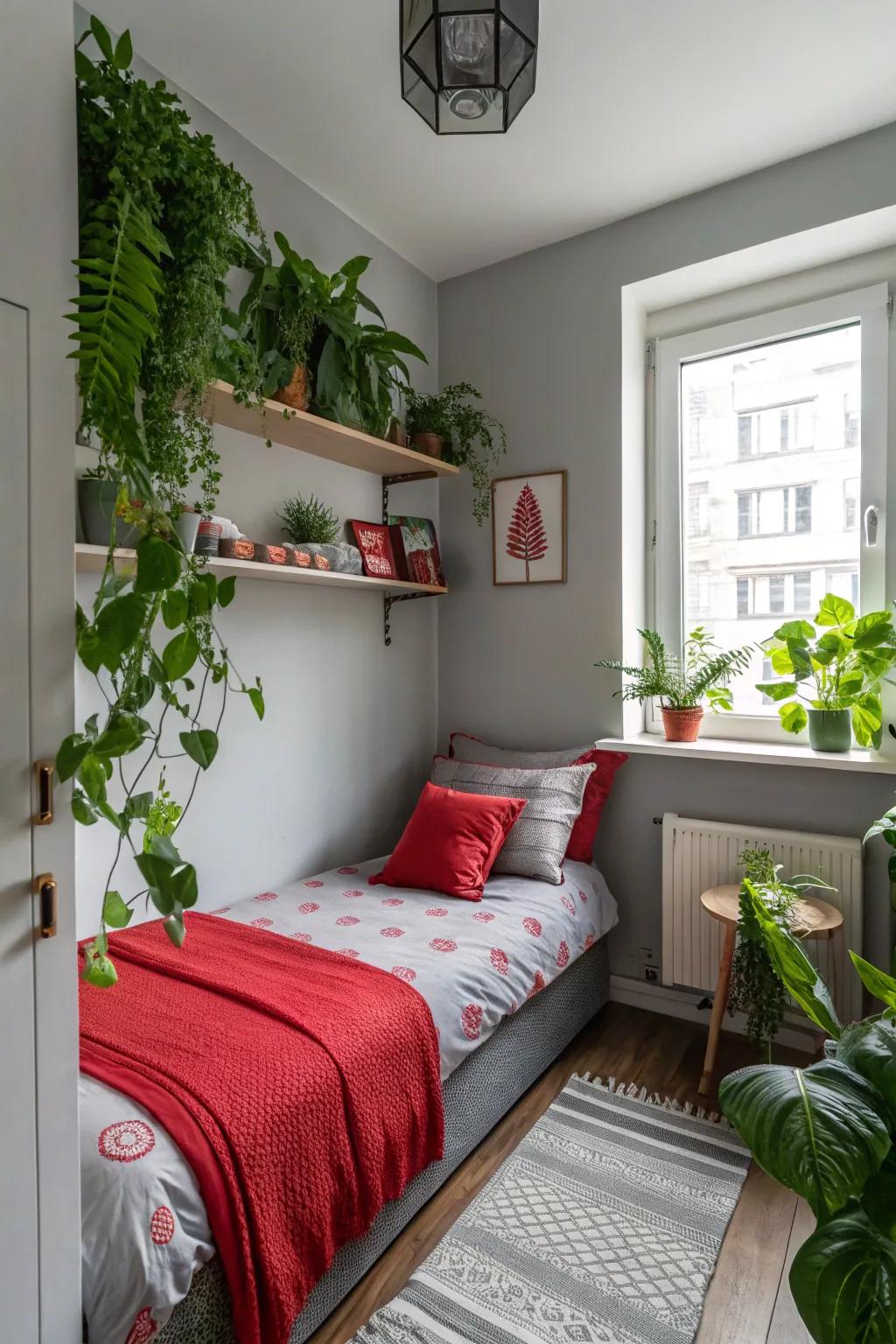 A compact bedroom featuring natural components like verdant flora enhancing the crimson and ash decor.