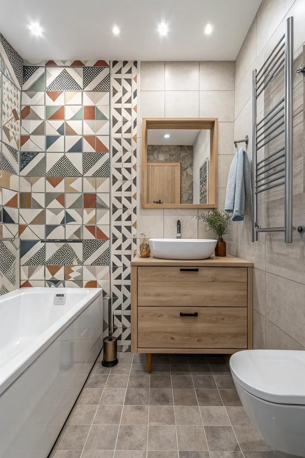 Geometric tiles add visual appeal to the bathroom.