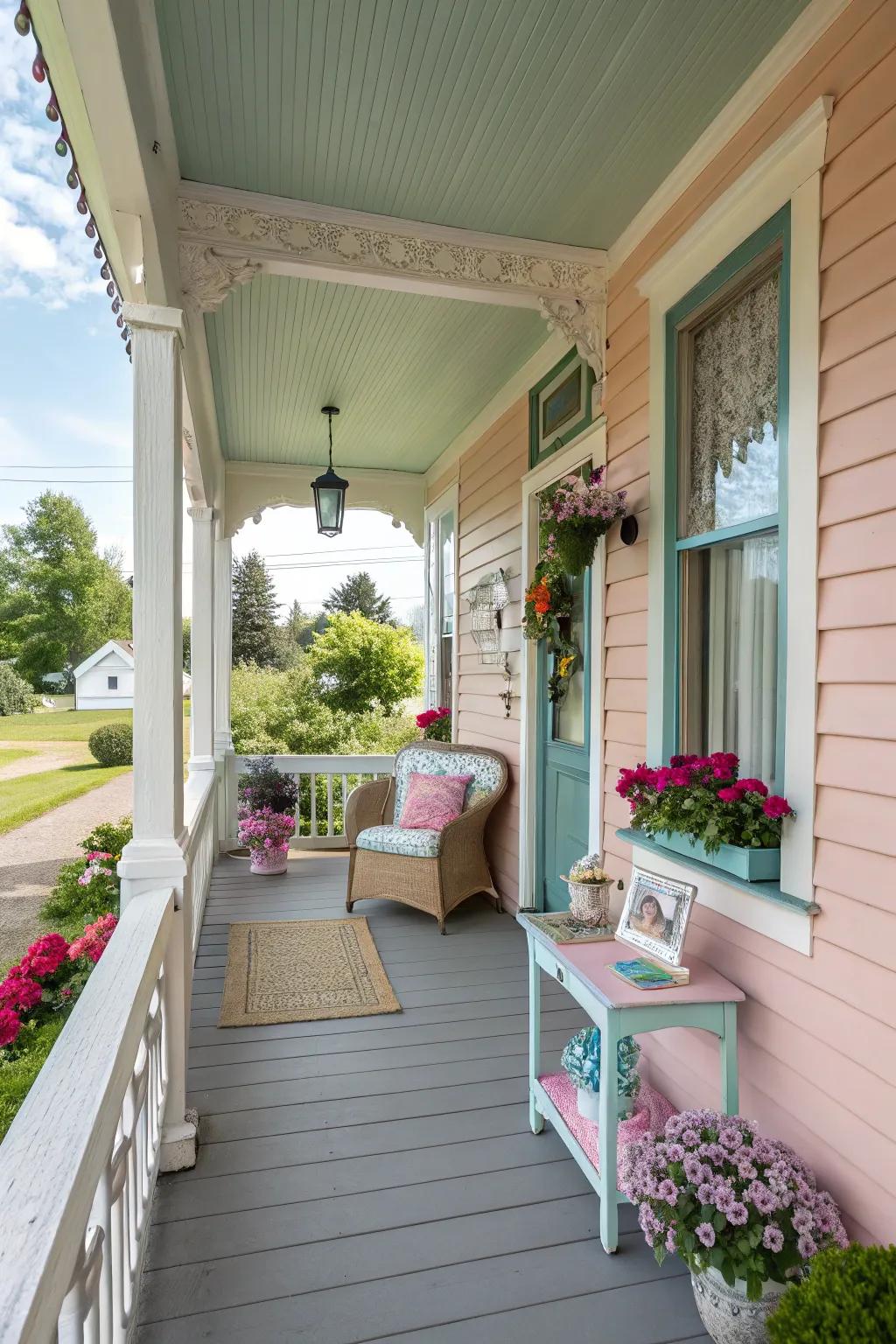 A side porch painted in soft pastel colors with bright ornamental features.