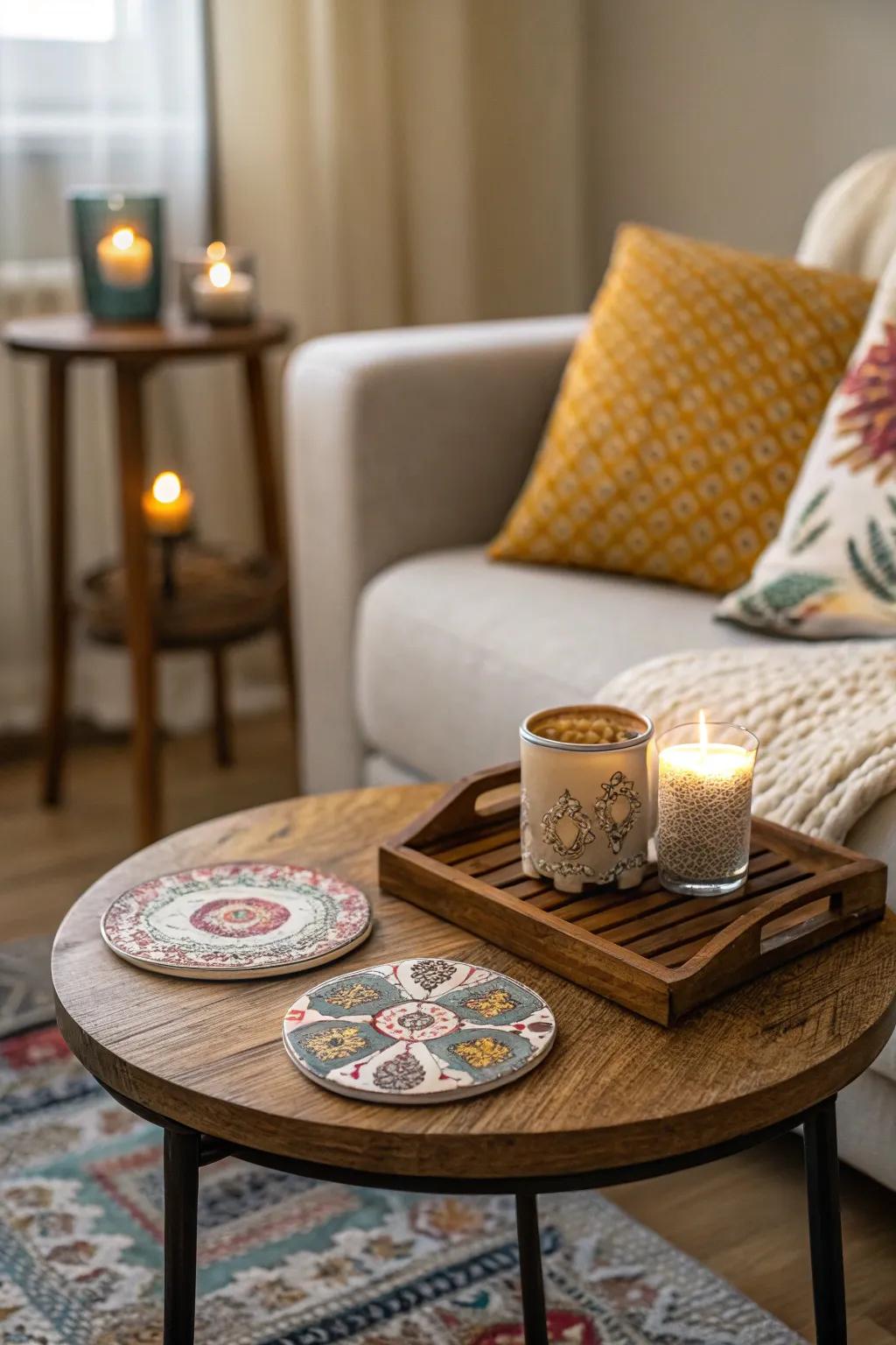 Functional coasters introduce practicality and charm to an accent table.