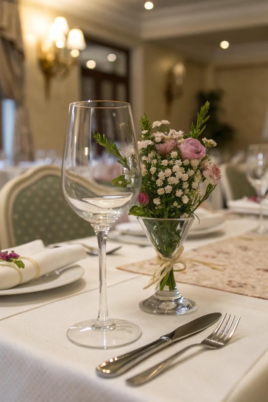A drinking glass vase gives elegance to your dining experience.