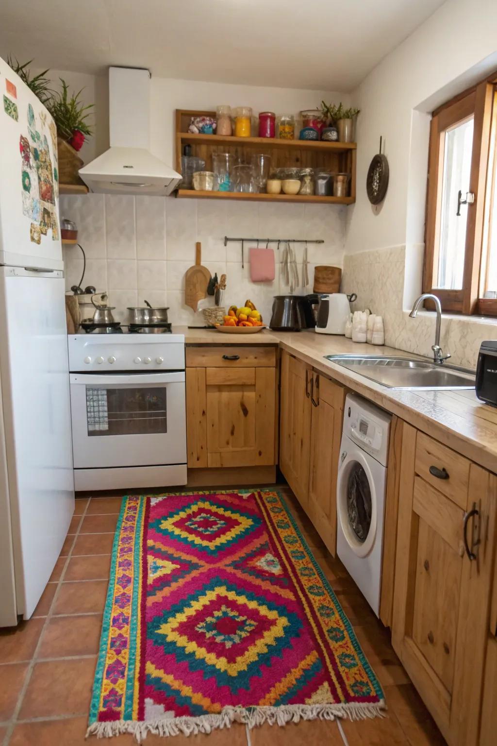 A colorful mat adds comfort and style to a small cooking area.