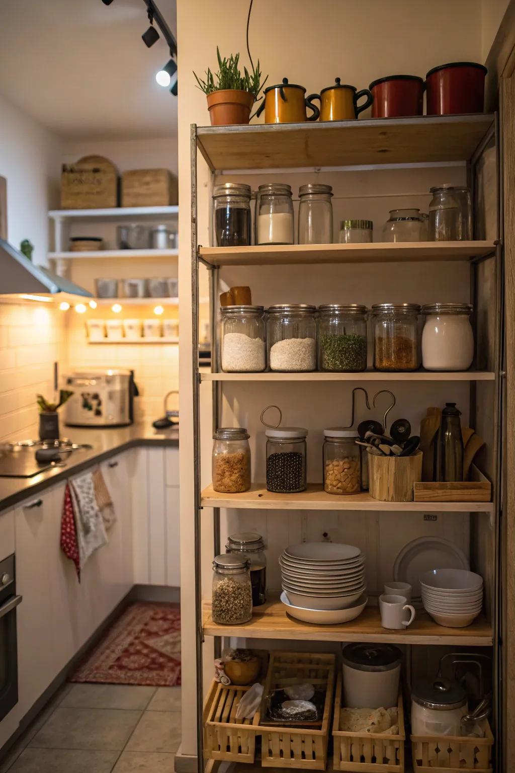 Elevated shelving in a cooking area, offering additional storage for containers and cooking utensils.