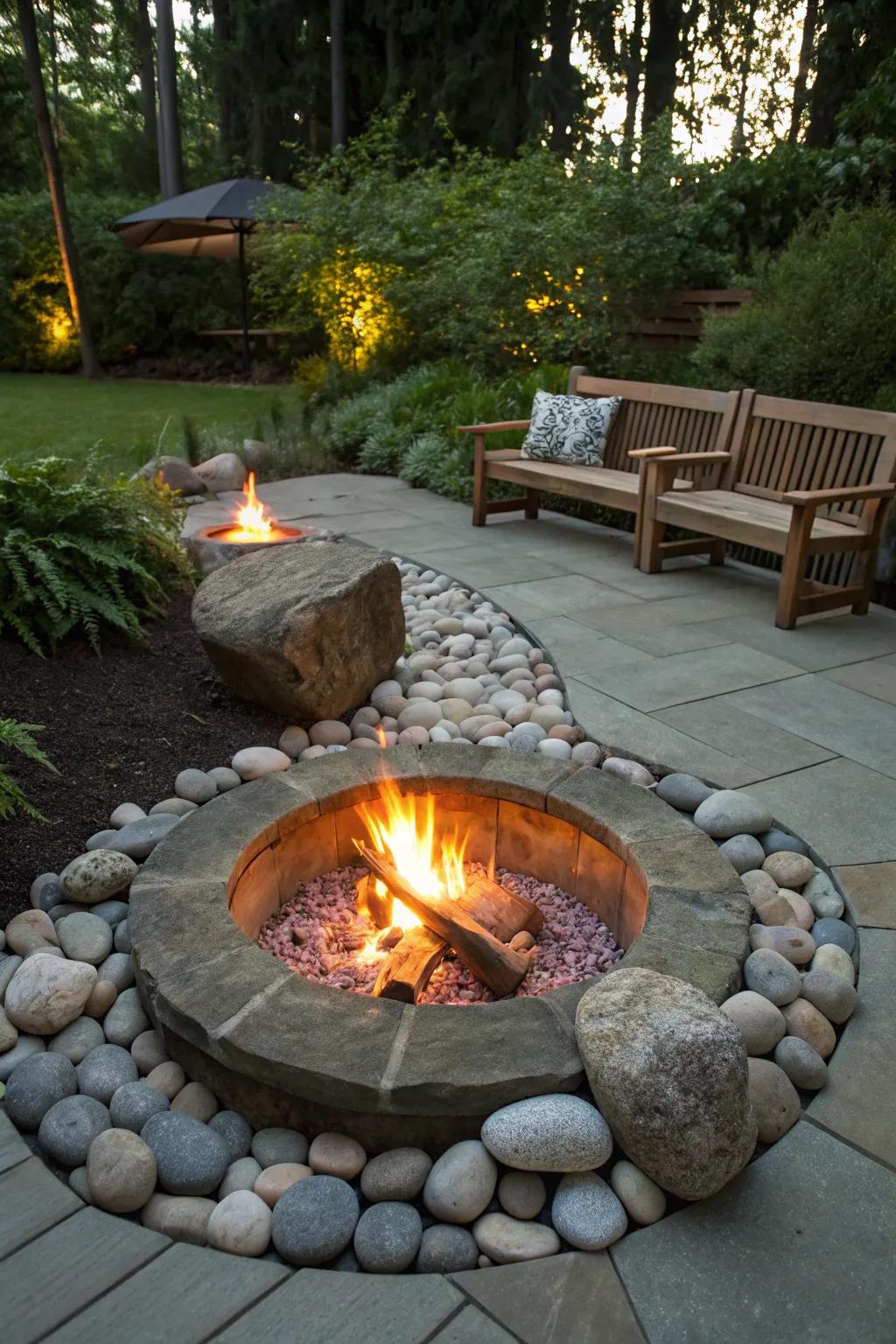 A cozy fire pit area enhanced with decorative stones.