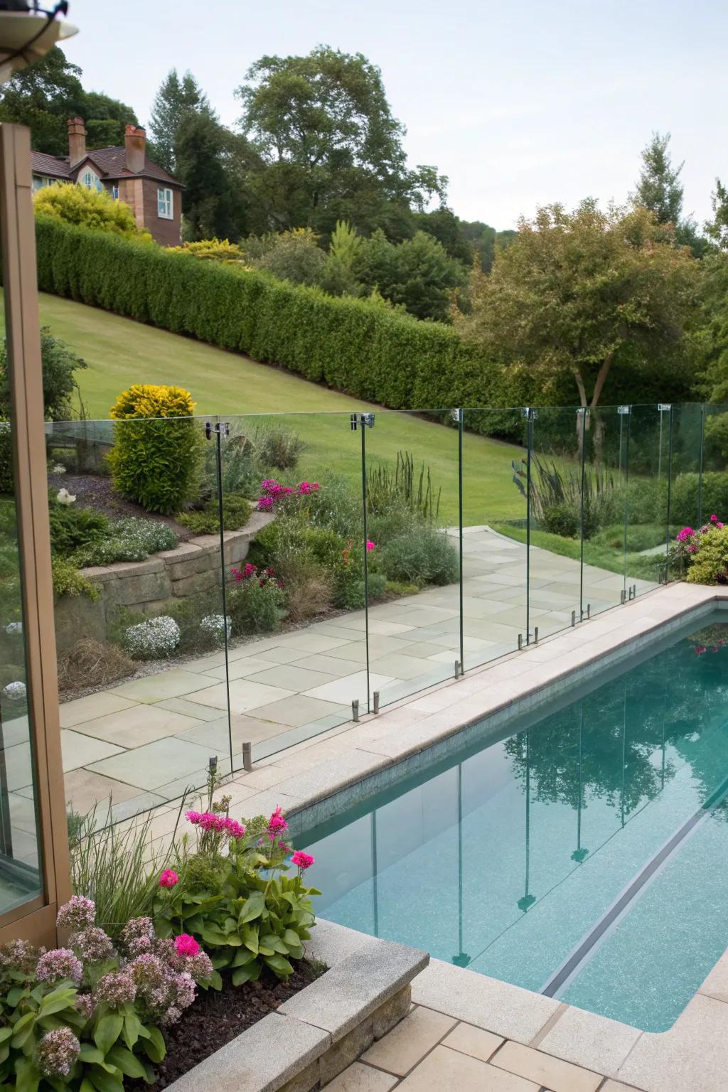Transparent fencing maintains openness around pools.