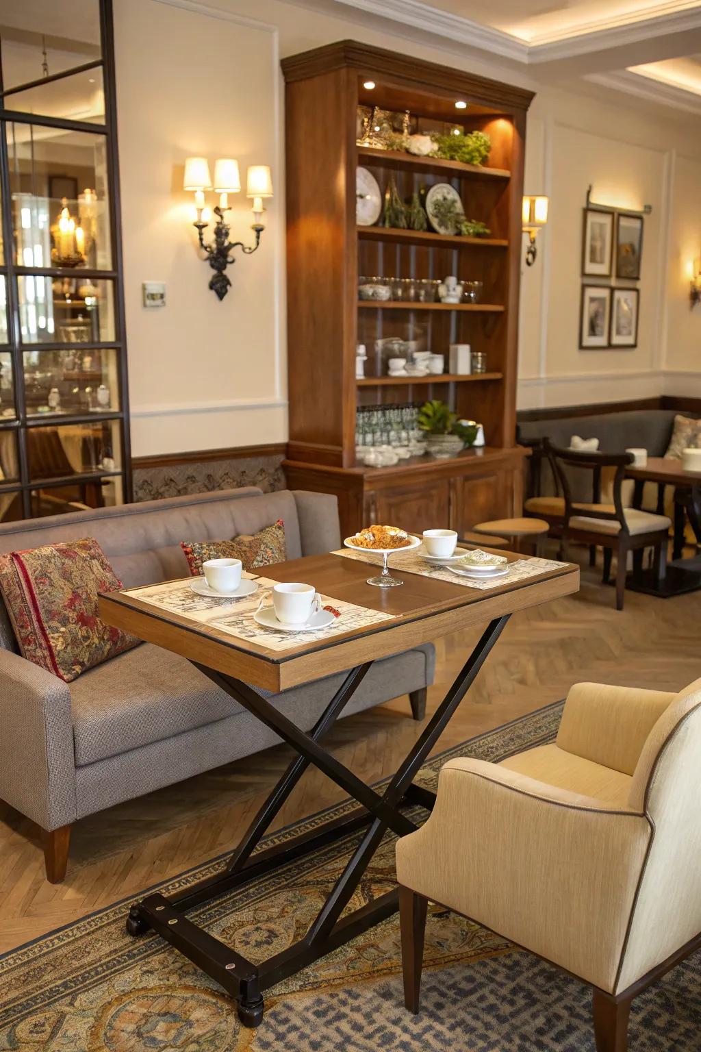 Versatile furniture fits your needs in a small tea room.
