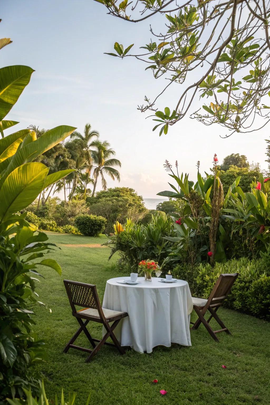 A compact seating space invites you to take pleasure in the lush surroundings.