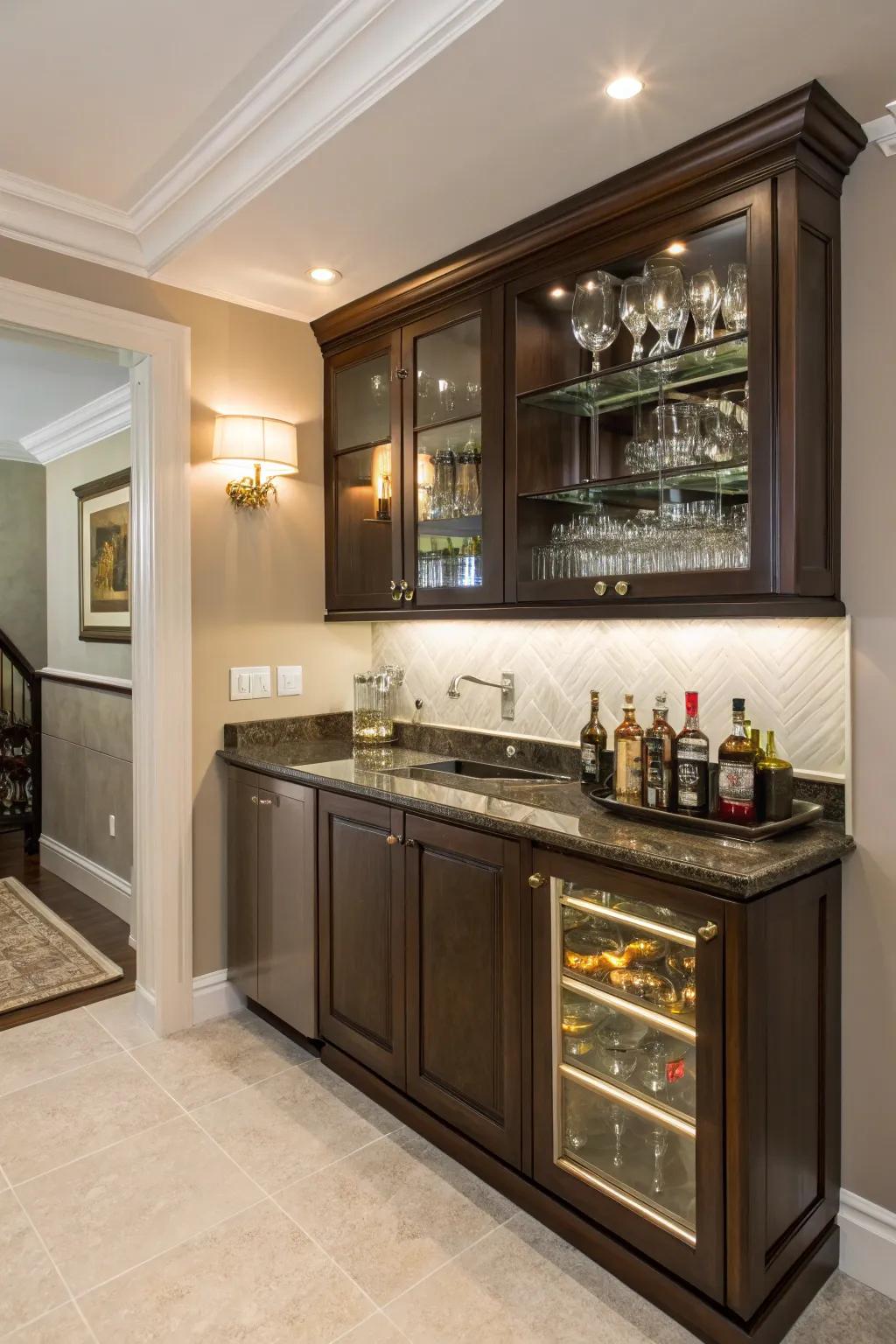 A small wet bar cleverly installed into a corner space.