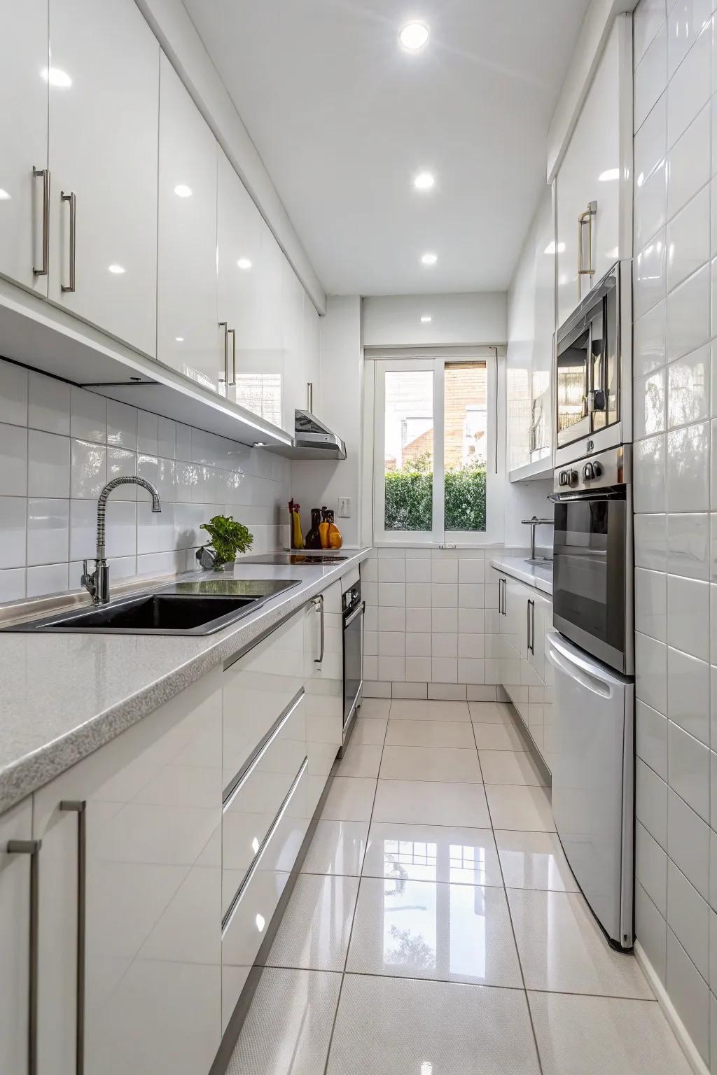 Reflective surfaces create a more spacious kitchen.