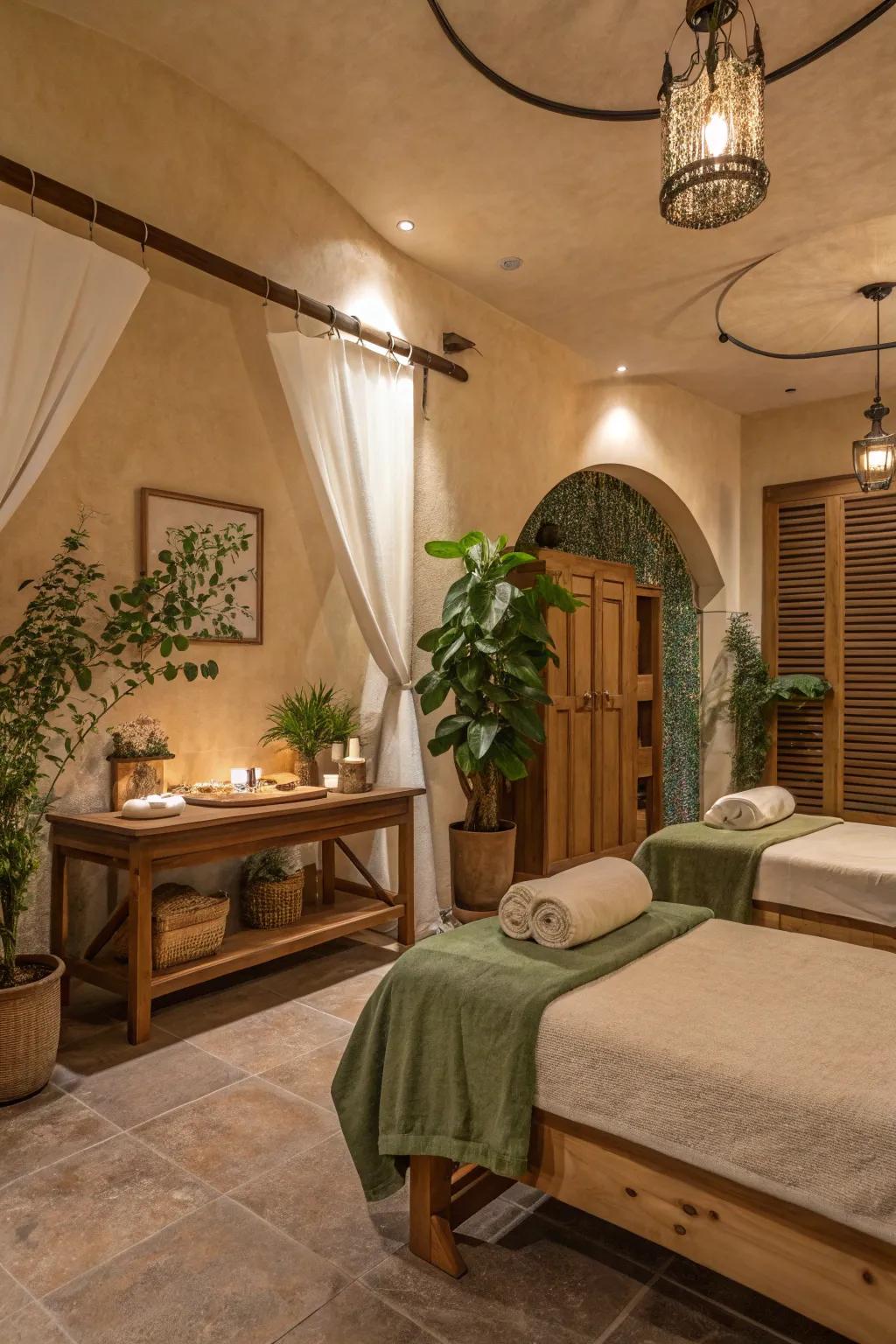 Use warm shades to promote a cozy spa atmosphere.