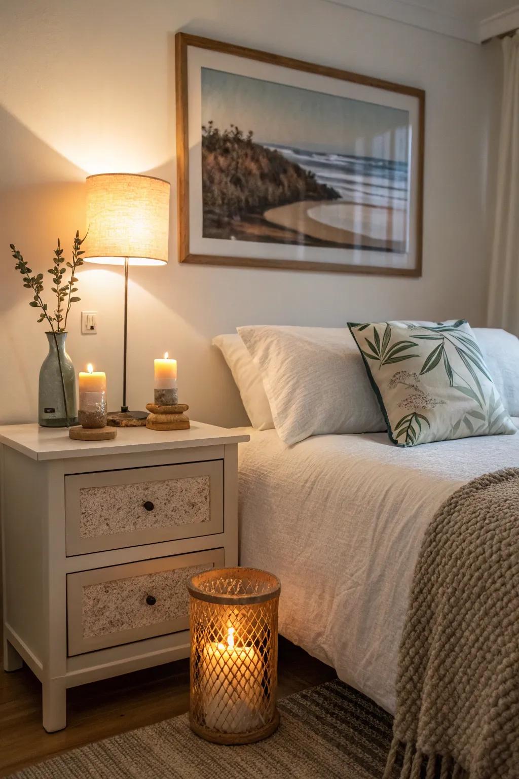Thoughtful accessories like candles and art incorporate warmth.
