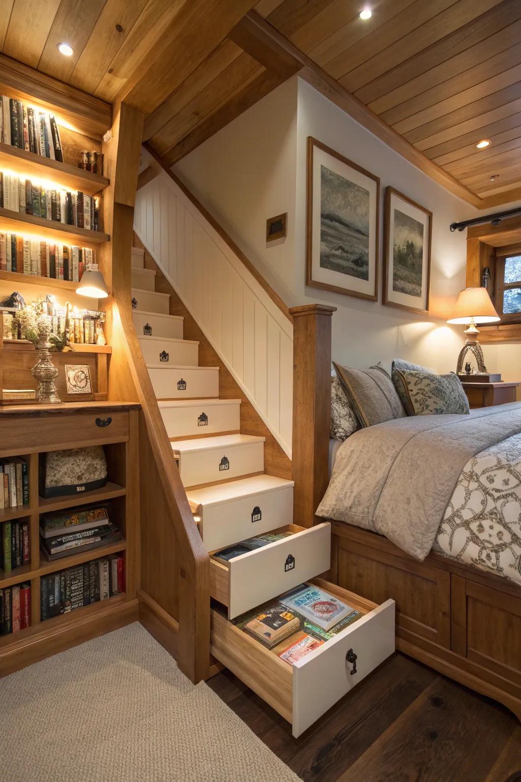 Hidden storage steps provide a clever solution for organizing clutter.