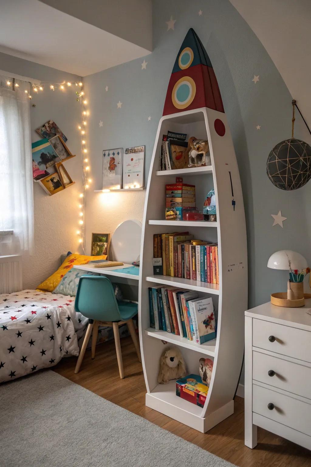 A rocket-shaped bookshelf that combines functionality with fun.