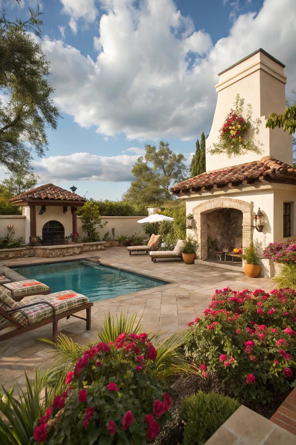 An outdoor hearth introduces warmth and charm to this Spanish-inspired pool area.
