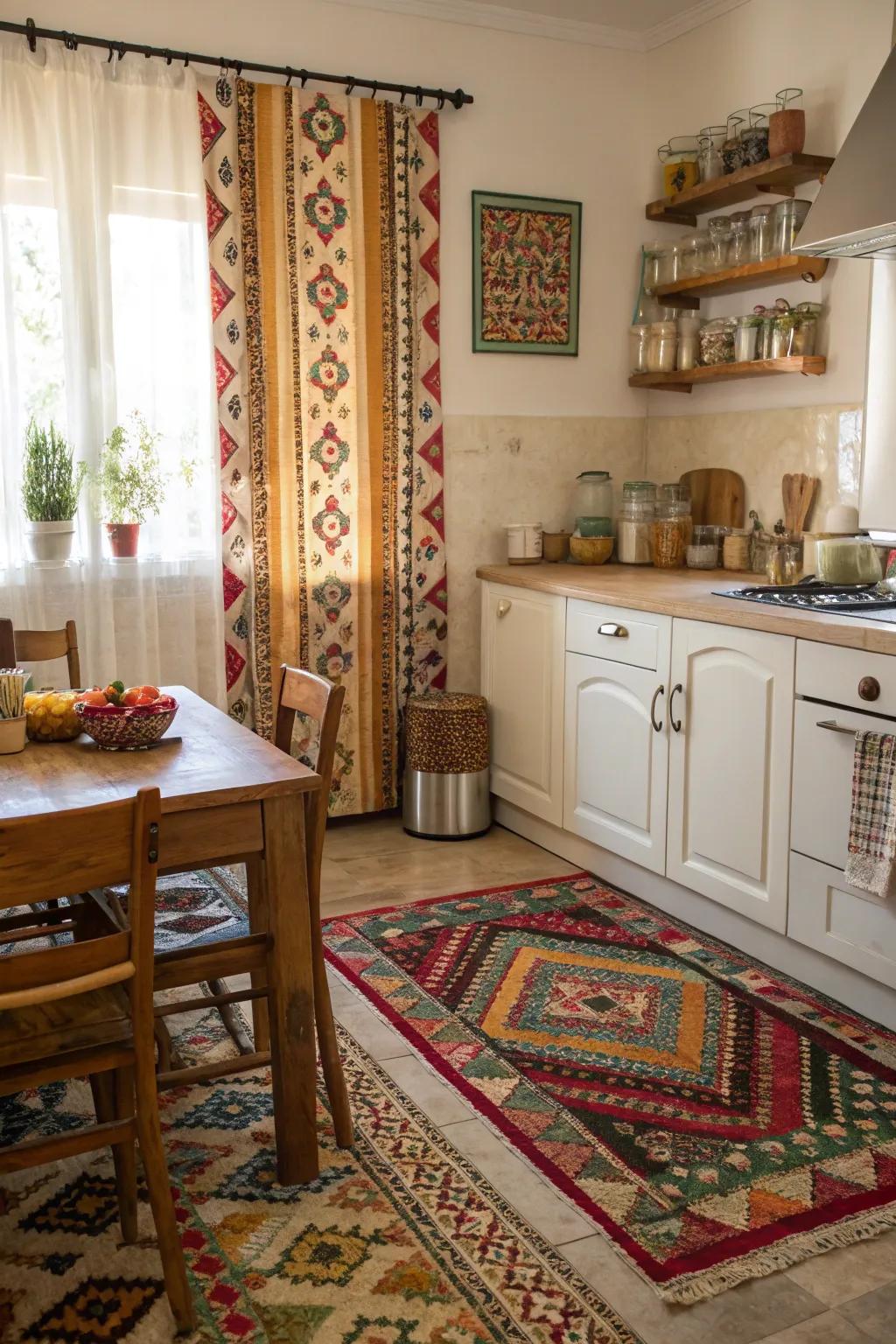 Fabrics add vibrancy and warmth to the kitchen decor.